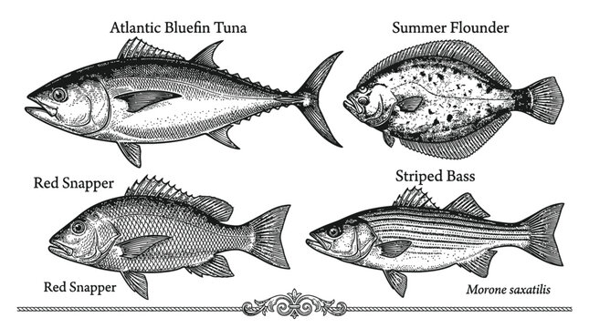 Vintage black and white illustration of Atlantic bluefin tuna summer flounder red snapper and striped bass fish