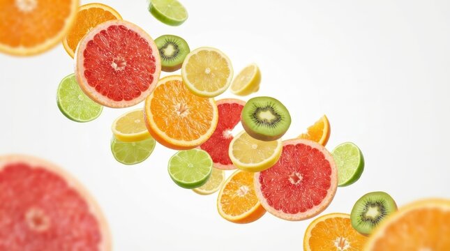 Dynamic floating explosion of fresh tropical citrus fruit slices including orange grapefruit lemon lime and kiwi