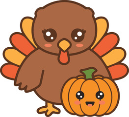 Obraz premium Cute Kawaii Turkey with Pumpkin Vector Illustration - Thanksgiving Autumn Cartoon Character for Fall Holiday Design