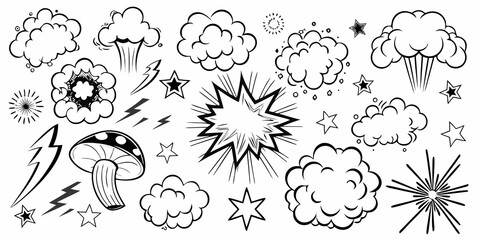 Comic Explosion Effect Set Black And White Vector Illustration © Huraya