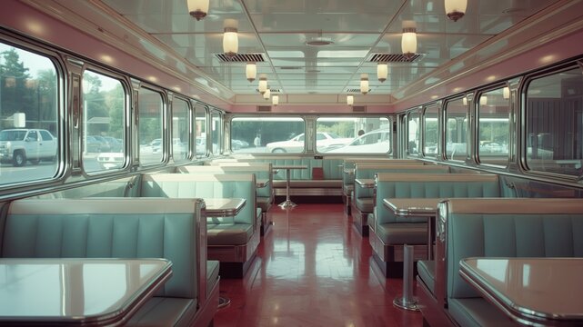 Interior of a vintage retro diner featuring classic booth seating shiny chrome trim and glossy tiled floor