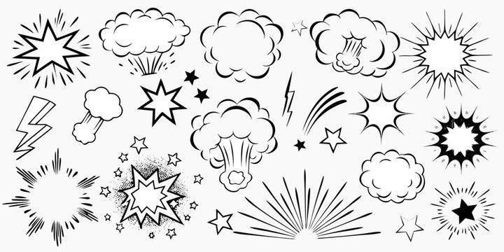 Comic explosion effect set black and white vector illustration collection
