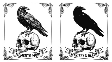 Naklejka premium Black crow sitting on a human skull with memento mori text in a vintage decorative frame for gothic poster design
