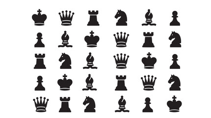 Minimalist chess piece icons set, black silhouette chess symbols vector collection, professional strategy game elements for business logic © khadija