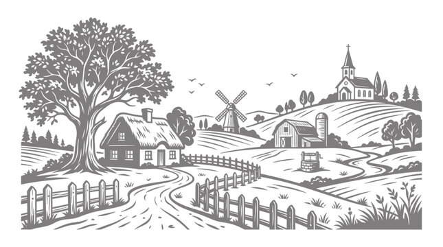 Black and white illustration of a peaceful countryside farm landscape with a small house a windmill and a church