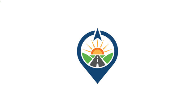 Colorful navigation map pin icon featuring a road stretching towards a bright rising sun over green hills.