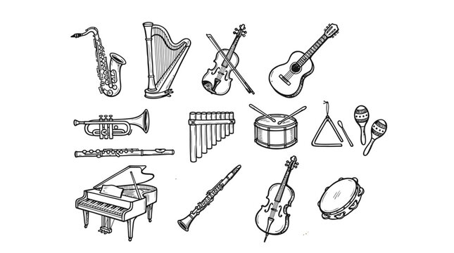 Set of hand drawn musical instrument sketches on a notebook page with a blue pen resting on the spiral side binding