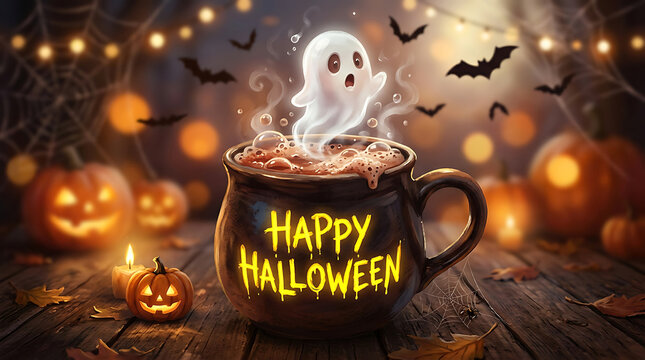 Cute ghost rising from a spooky halloween cocoa mug