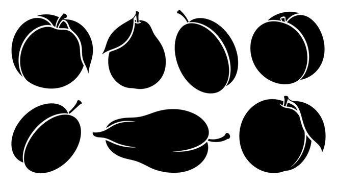 Black and white fruit silhouettes on plain background with collection black white outlines illustration graphic healthy simple design icon with food