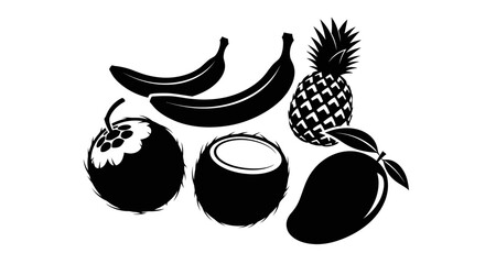 Black silhouettes of various tropical fruits on white background with including bananas pineapple pineapple coconut mango illustration healthy © Asim