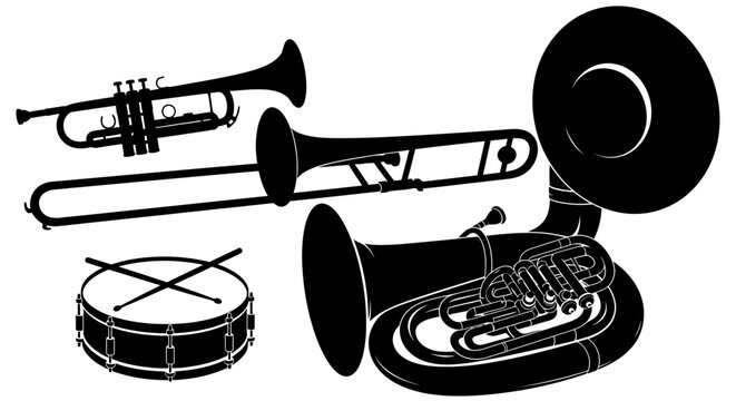 Black silhouettes of various musical instruments on white background with silhouettes trumpet trombone trombone tuba french french horn orchestra