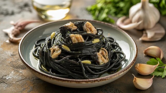 The national dish of Italian cuisine. 
Pasta with cuttlefish ink (Pasta al nero di seppia) &mdash; black pasta with sauce made from cuttlefish and its ink.