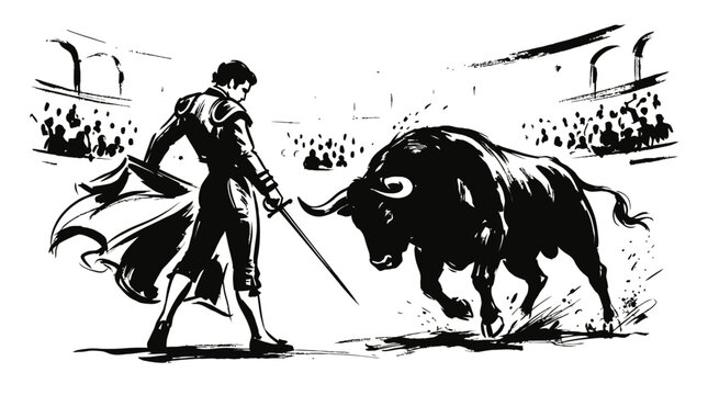 A brave matador facing a powerful bull in a professional bullfighting arena during a traditional Spanish event