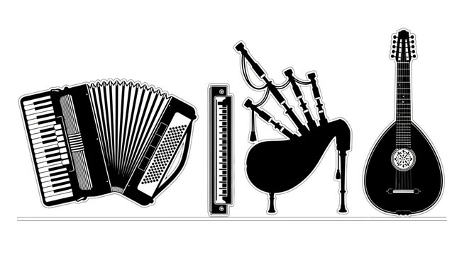 Black and white illustration of various musical instruments with instruments including accordion accordion harmonica bagpipes traditional mandolin