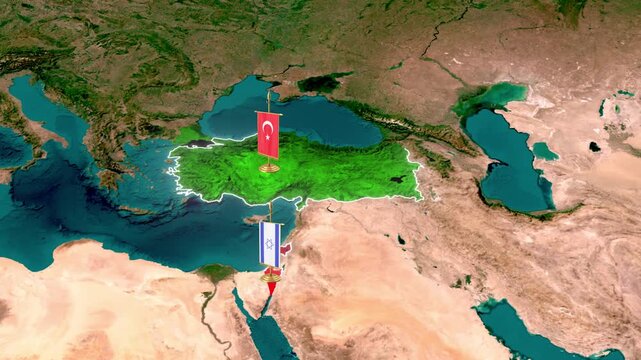 Turkey and Israel Flags on 3D World Map &ndash; Diplomatic Relations Animation