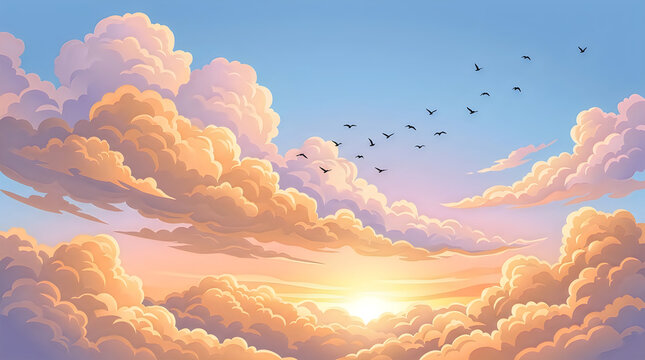 Birds flying in the sky with golden sunset clouds and soft sunlight