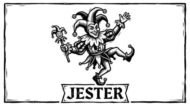 A happy vintage jester character wearing a traditional hat with bells and holding a scepter in a classic woodcut style
