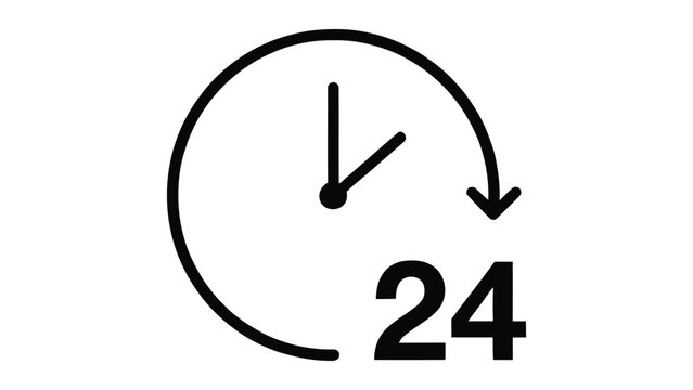 Simple black and white outline of a clock face with a circular arrow and the number twenty four representing all day service availability