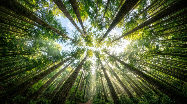 Low angle view of tall green forest trees reaching up to the bright sky