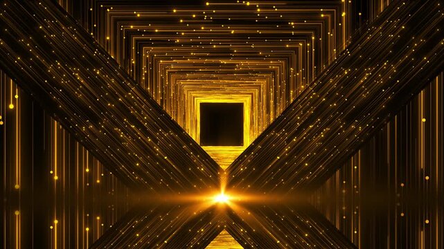 Golden square tunnel background glowing X shaped lines, portal , floating particles. luxury tech intros