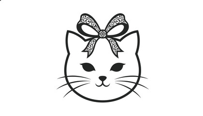 Fototapeta premium Charming line art illustration of a cute cat head wearing an ornate decorative lace bow on its head.