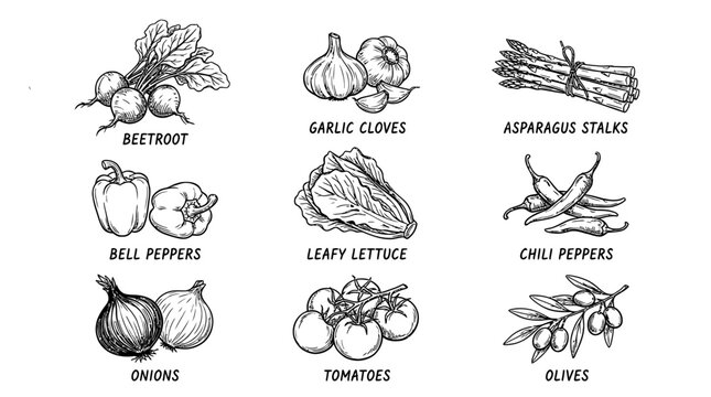 Hand drawn set of fresh vegetables and herbs including beetroot garlic asparagus bell peppers lettuce chili and onion