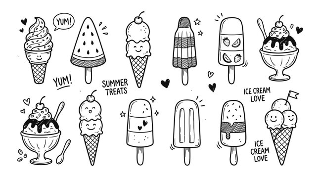 Set of cute hand drawn ice cream cones and popsicles with funny faces and summer treats for kids doodle collection