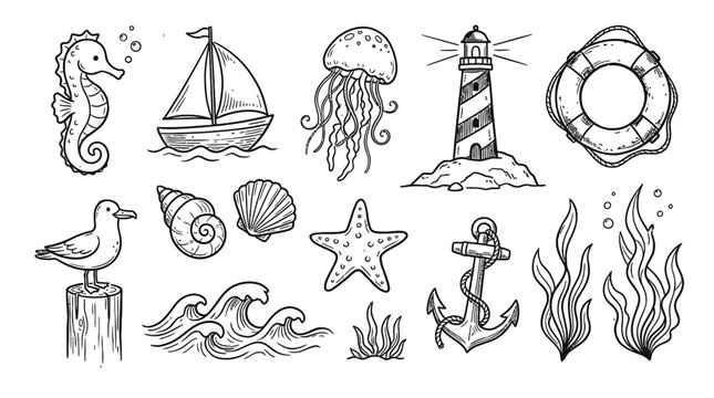 Hand drawn nautical elements set including lighthouse sailboat seahorse anchor and marine life sketches on paper