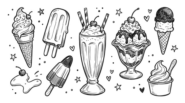 Set of hand drawn ice cream desserts milkshakes and popsicles with purple color accents and doodle stars and hearts