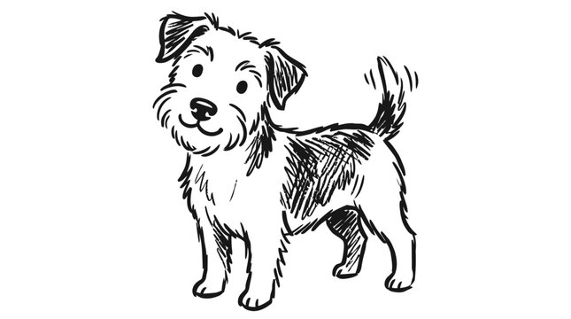 Cute small terrier dog sketch drawing with blue color highlights and a wagging tail standing in a happy position