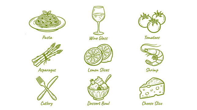 Set of hand drawn food icons including pasta wine glass tomatoes asparagus lemon shrimp cutlery dessert and cheese