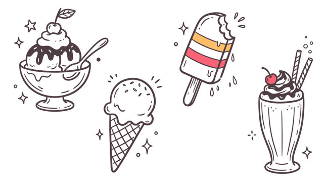 Set of hand drawn ice cream desserts and frozen treats with colorful accents including sundae cone and milkshake