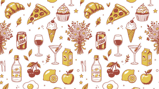 Seamless pattern with hand drawn food and drinks like pizza croissant ice cream soda flowers and fruit on stripes