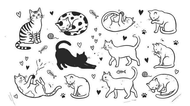 Set of cute cats in different poses like sitting playing and sleeping with hearts and fish bones in doodle style