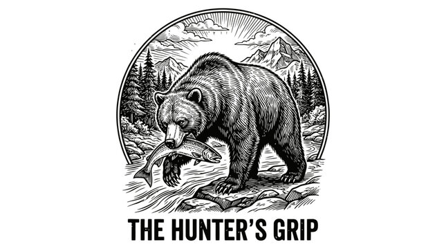 Vintage style illustration of a grizzly bear catching a salmon fish in a wild river with mountains in the background