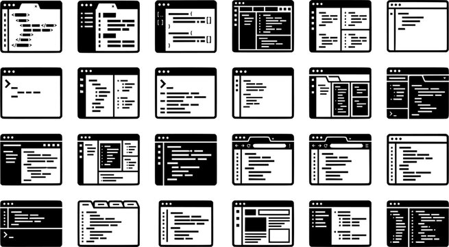 Code Editor and Programming Interface Icons Set with Browser Windows, Source Code Panels and Developer Tools in Black and White