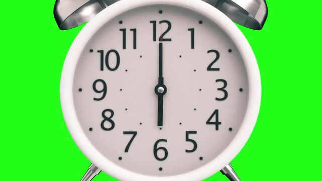 Close-Up White Vintage Twin Bell Clock on Bright Green Chroma Key Background