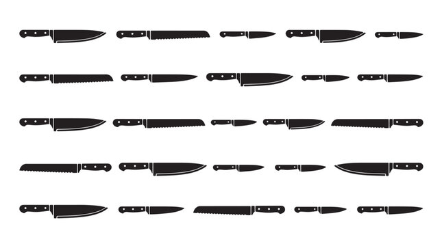 Professional kitchen knife silhouettes set, 25 black chef knife icons for culinary branding, assorted steel blade cutlery collection vector