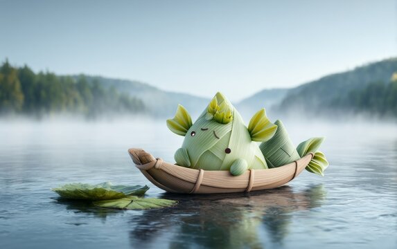Cute cartoon character wrapped in green leaf floating on wooden boat in misty lake