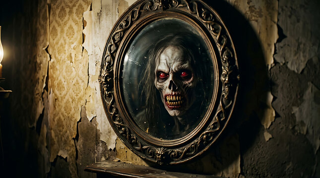 Scary vampire reflection in an old ornate antique mirror