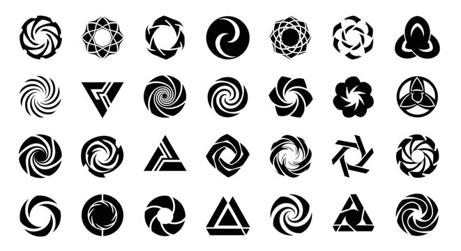 Collection of black with diverse set 25 black white geometric logos symbols arranged five rows five plain white background symbol collection