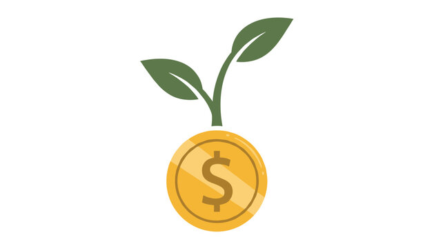 Golden dollar coin with green plant leaves sprouting out of the top representing financial growth and investment success.