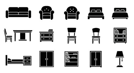 Collection of furniture icons with icons white background collection black bookshelf wardrobe interior drawers cabinet chair table decor with sofa © Asim