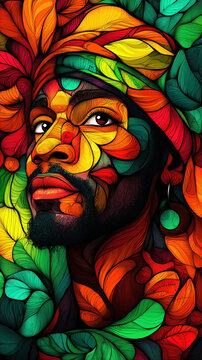 Vibrant abstract portrait inspired by Jamaican culture in bold reggae colors. Jamaica Independence Day, Caribbean heritage, creativity and cultural identity