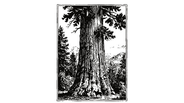 Vintage engraving illustration of a giant sequoia tree in the forest with a small rider on a horse at the base