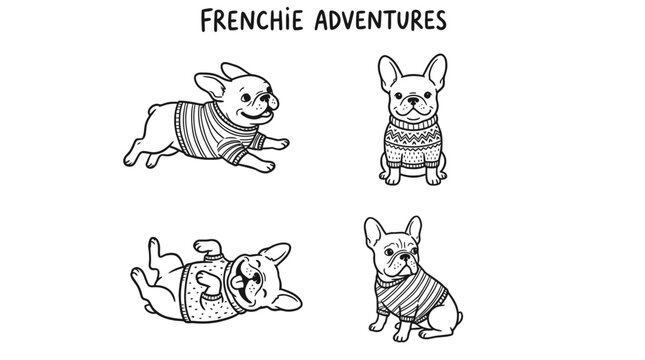 Cute French bulldog dogs wearing sweaters in different poses like running sitting and playing in a cartoon style