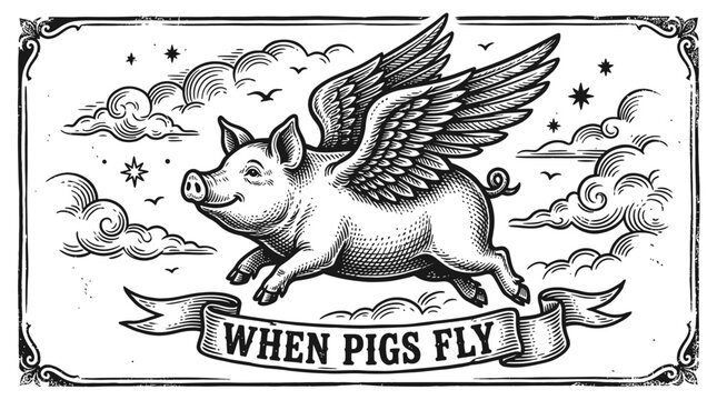 A cute pig with wings flying in the sky with a banner that says when pigs fly in a classic vintage drawing style