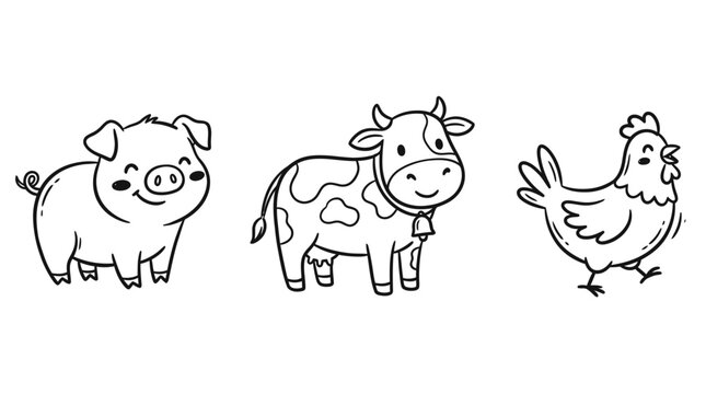 Cute happy pig cow and chicken farm animal characters set drawn in a simple hand sketch doodle vector style art