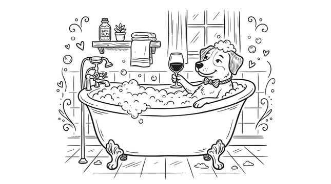 Cute dog relaxing in a bathtub with bubbles and a glass of wine in a home bathroom sketch illustration