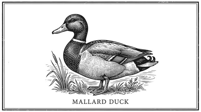 Vintage engraving illustration of a mallard duck standing in the grass with a classic border and detailed texture